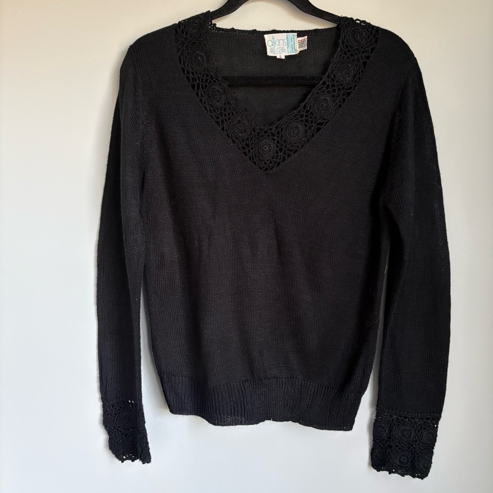 Vintage Atkins Jr. Black V-Neck Sweater with Lace Trim